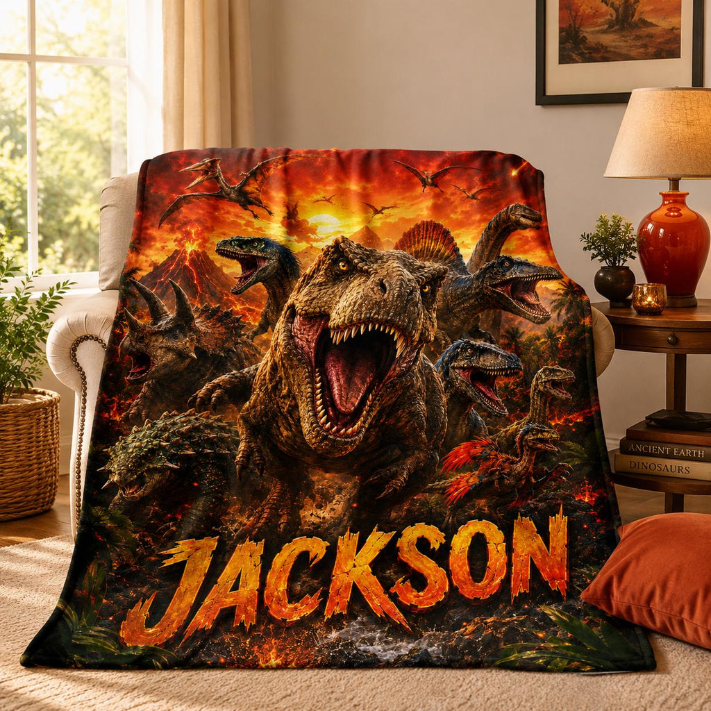 Custom Name Dinosaur Flannel Blanket Personalized Jurassic T-Rex Soft Throw Boy Bedding Kids Room Decor Birthday Gift for Dino Fans
