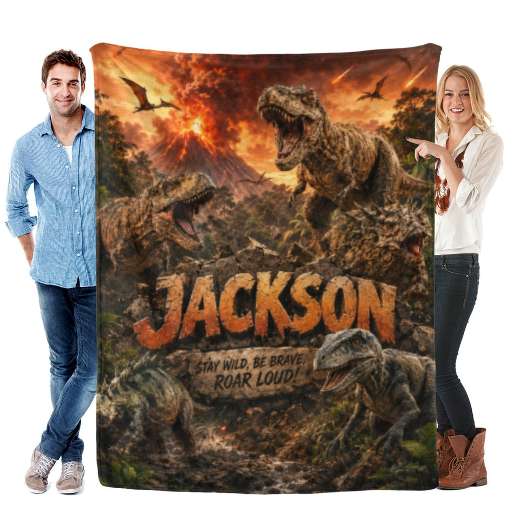 Custom Dinosaur Flannel Blanket Personalized Name T-Rex Jurassic Throw Boys Room Decor Volcano Dino Lover Kids Gift Birthday Roar Loud