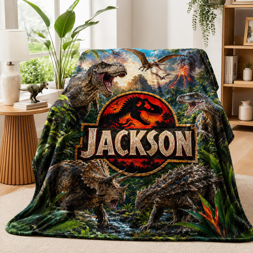 Personalized Jurassic T-Rex Dinosaur Flannel Blanket – Custom Name Throw