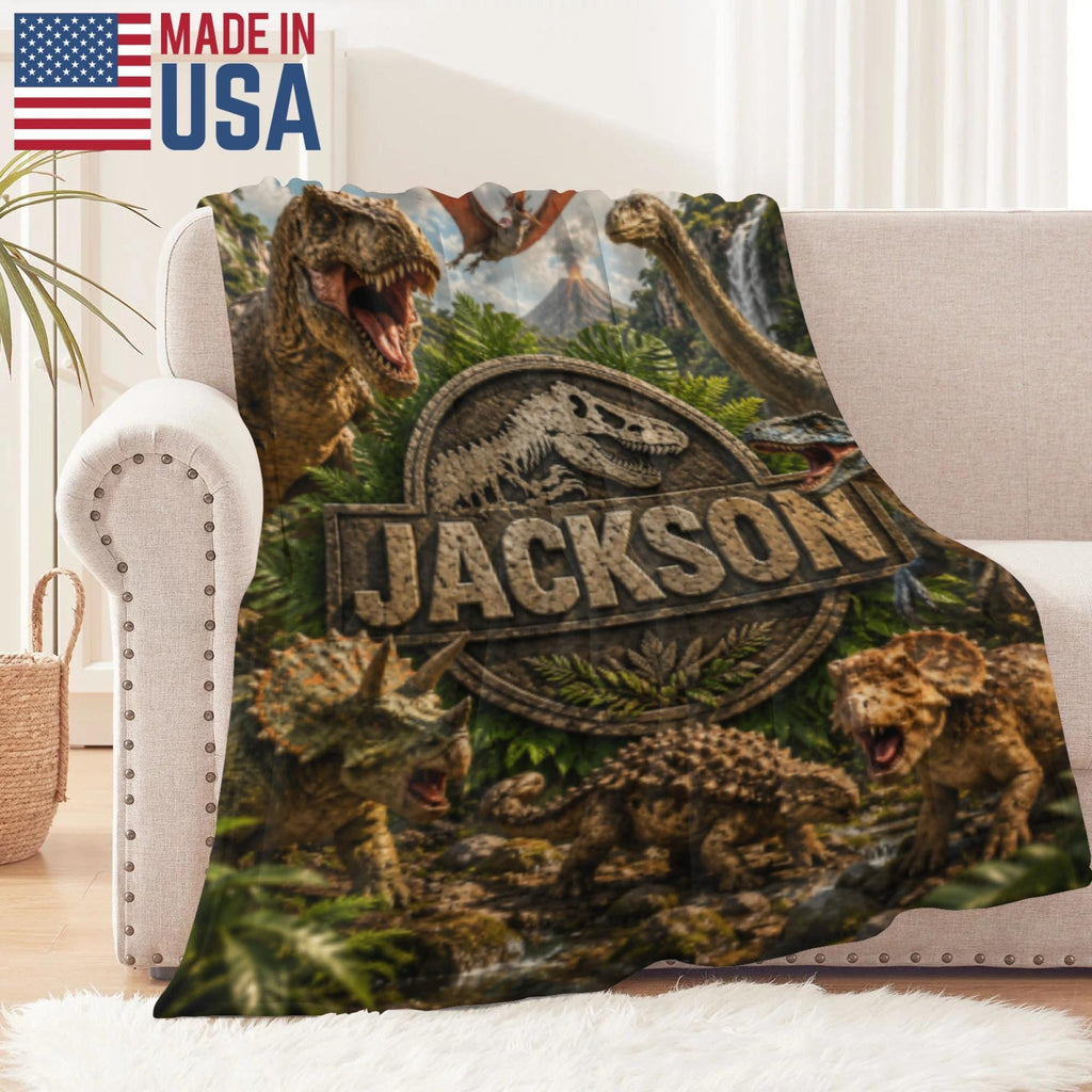 Personalized Dinosaur Flannel Blanket: Custom Jurassic Throw for Boys Room Decor