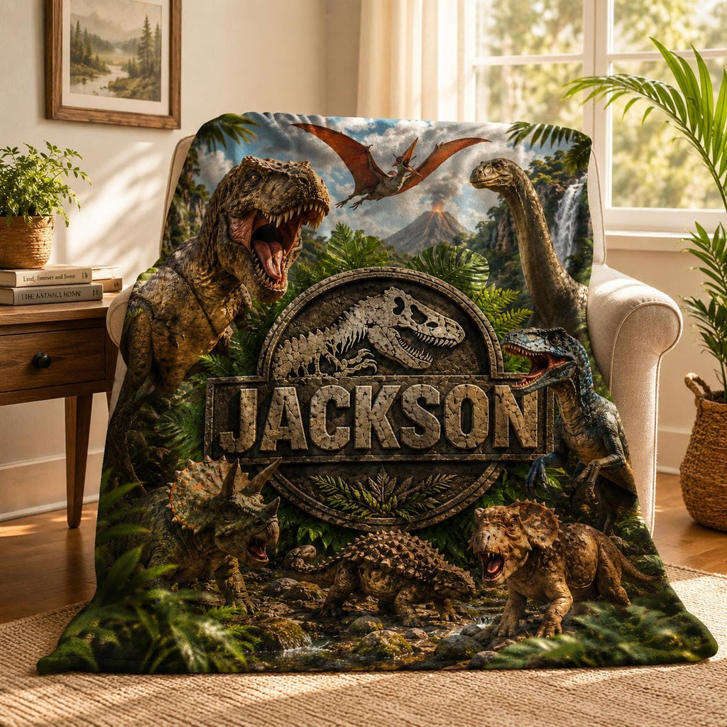 Personalized Dinosaur Flannel Blanket: Custom Jurassic Throw for Boys Room Decor
