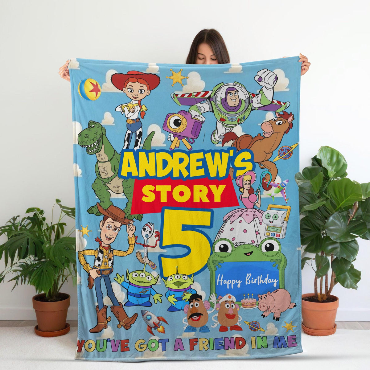 Personalized Toy Story Blanket, Custom Name Disney Kids Blanket,Buzz Lightyear Woody Birthday Gift for Boy Girl,Cute Toddler Velveteen Throw