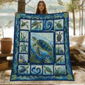 Sea Turtle Quilt Blanket, Coastal Ocean Patchwork Throw, Beach House Bedding, Marine Life Gift