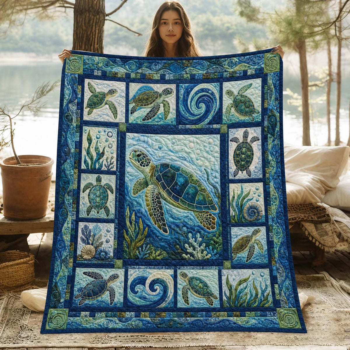 Sea Turtle Quilt Blanket, Coastal Ocean Patchwork Throw, Beach House Bedding, Marine Life Gift