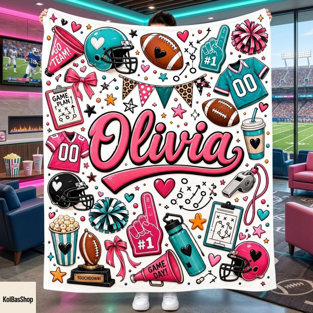 Custom Football Blanket with Name, Football Cheer Blanket, Sports Blanket, Game Day Blanket, Gift for Football Lover, Football Player Gift