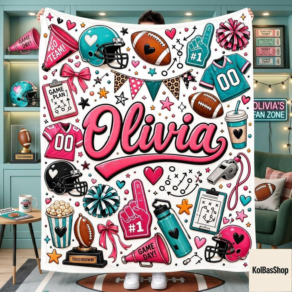 Custom Football Blanket with Name, Football Cheer Blanket, Sports Blanket, Game Day Blanket, Gift for Football Lover, Football Player Gift