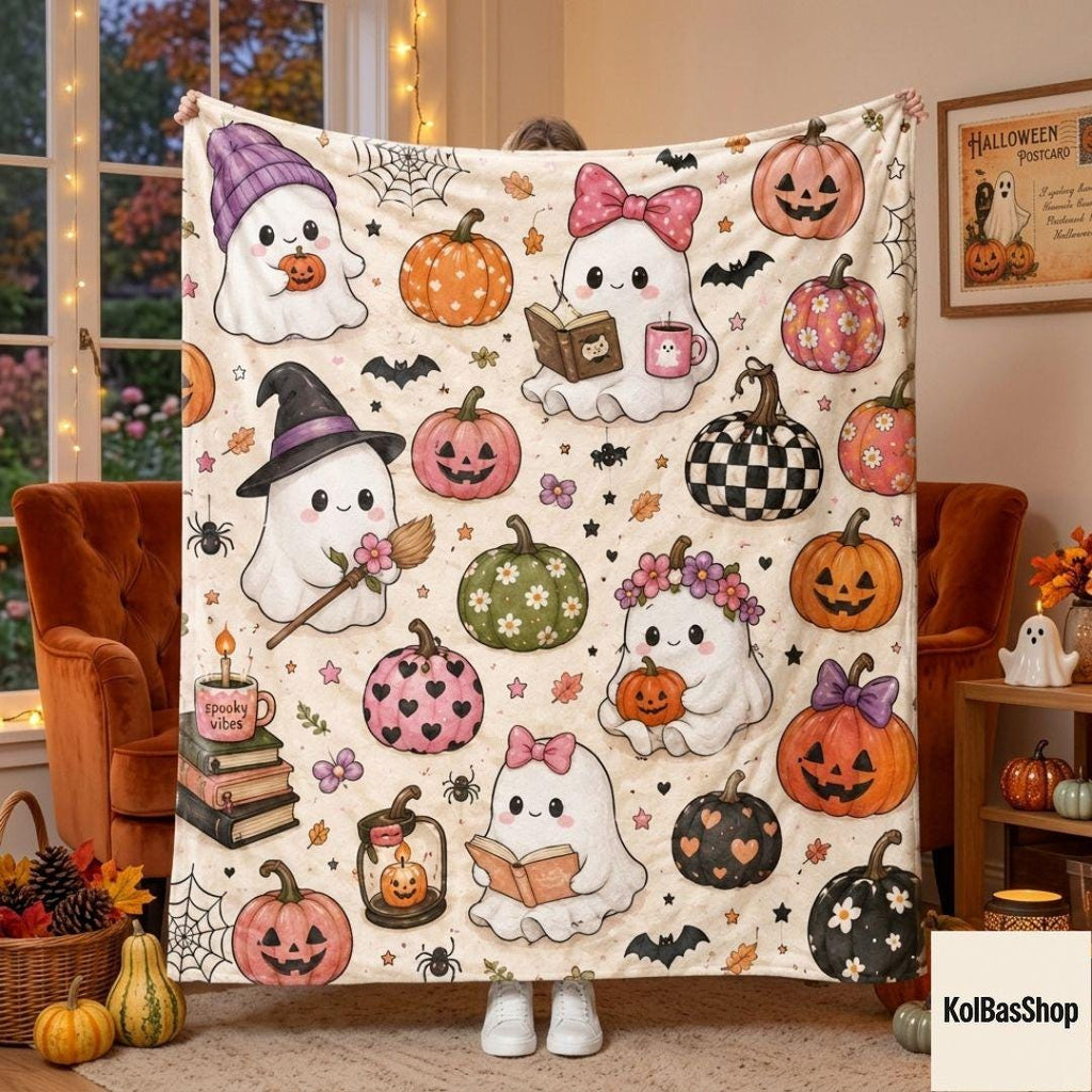 Cute Ghost Reading Halloween Blanket, Cozy Pumpkin Throw Blanket, Spooky Ghost Blanket, Pink Pumpkin Fall Decor, Ghost Book Lover Blanket