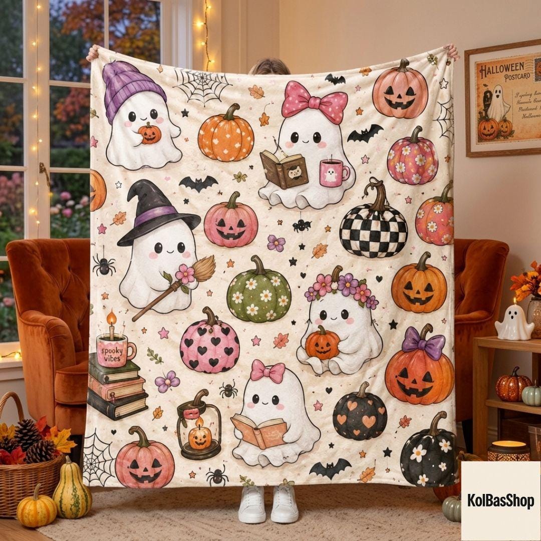 Cute Ghost Reading Halloween Blanket, Cozy Pumpkin Throw Blanket, Spooky Ghost Blanket, Pink Pumpkin Fall Decor, Ghost Book Lover Blanket