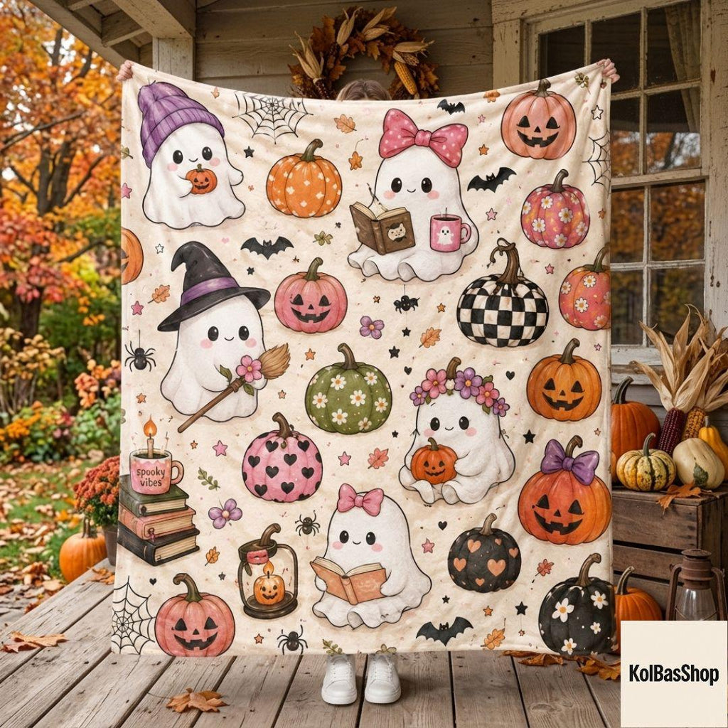 Cute Ghost Reading Halloween Blanket, Cozy Pumpkin Throw Blanket, Spooky Ghost Blanket, Pink Pumpkin Fall Decor, Ghost Book Lover Blanket