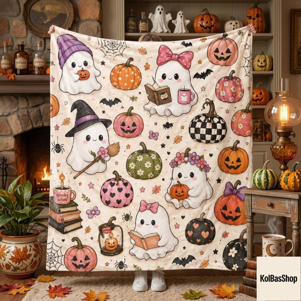Cute Ghost Reading Halloween Blanket, Cozy Pumpkin Throw Blanket, Spooky Ghost Blanket, Pink Pumpkin Fall Decor, Ghost Book Lover Blanket