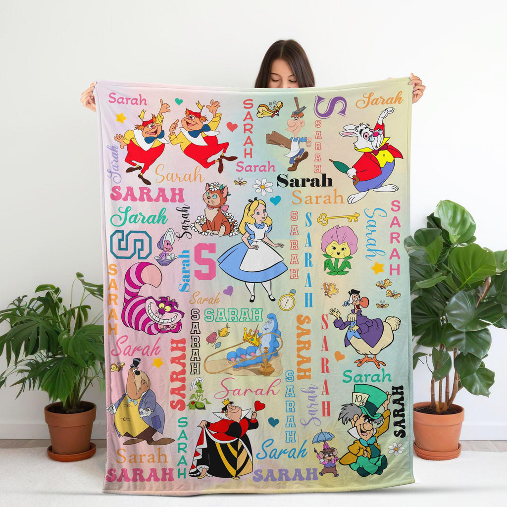 Custom Alice in Wonderland Blanket, Personalized Name Repeat Blanket for Kids Baby Girl Gift, Whimsical Cute Wonderland Decor, Disney Alice