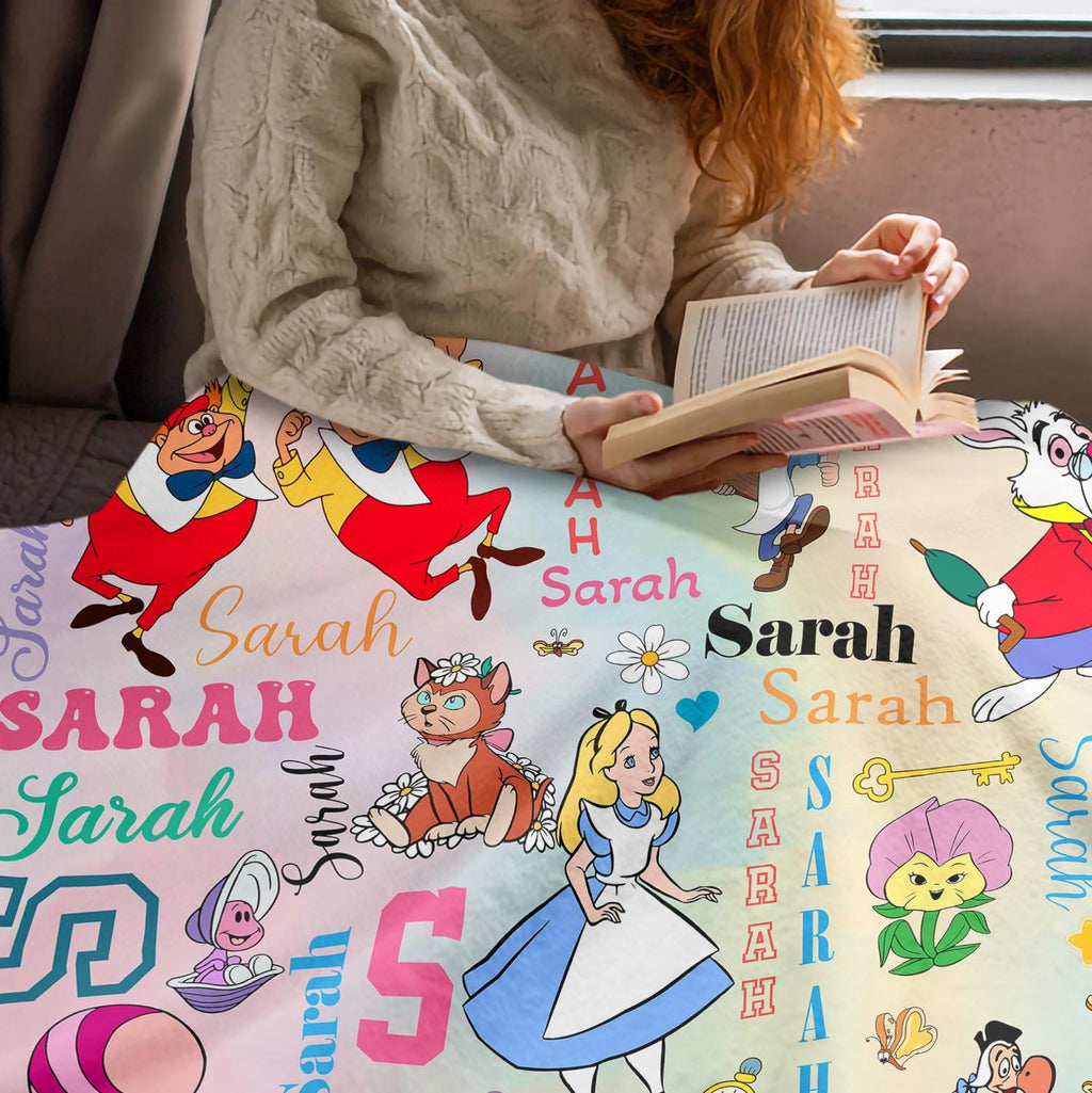 Custom Alice in Wonderland Blanket, Personalized Name Repeat Blanket for Kids Baby Girl Gift, Whimsical Cute Wonderland Decor, Disney Alice