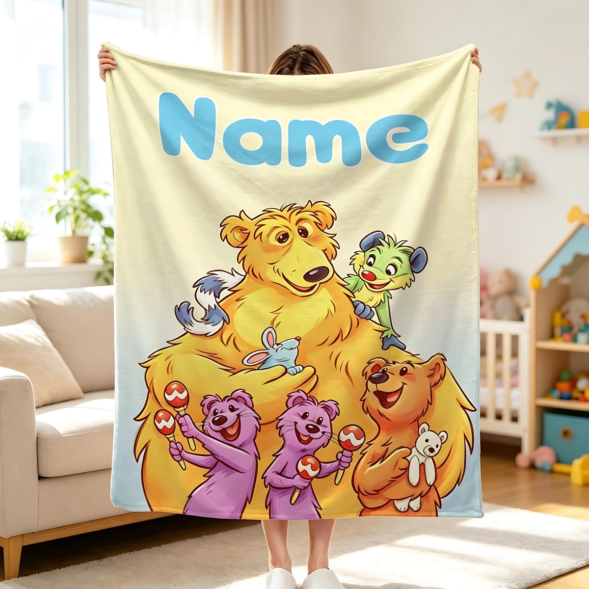 Personalized Cartoon Bear Blanket, Custom Name Kids Minky Blanket, Cute Big Bear Nursery Throw, Vintage Puppet Friends Gift for Boy Girl