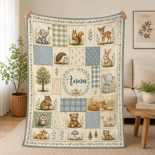 Baptism Blanket, Woodland Baby Blanket, Christian Baby Gift, Kids Name Blanket, Baby Dedication Gift, Animal Nursery Blanket