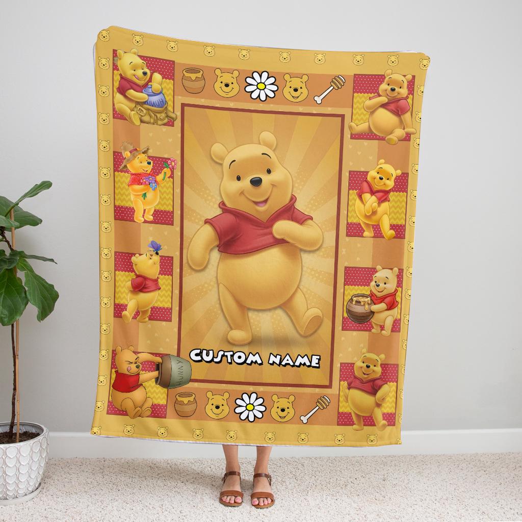 Personalized Winnie the Pooh Baby Blanket, Custom Name Pooh Bear Blanket, Birthday Gifts Disneyland Christmas Gift For Her, Birthday Gift