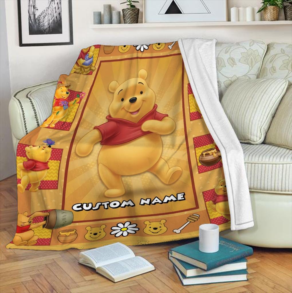 Personalized Winnie the Pooh Baby Blanket, Custom Name Pooh Bear Blanket, Birthday Gifts Disneyland Christmas Gift For Her, Birthday Gift