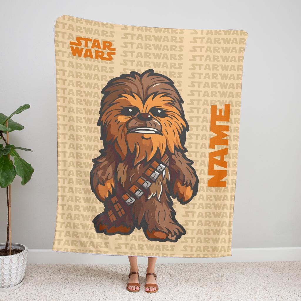 Custom Name Chewbacca Stasr Wars Blanket, Personalized Star Wars Blanket for Kids Baby, Star Wars Birthday Blanket, Disney Nursery Decor