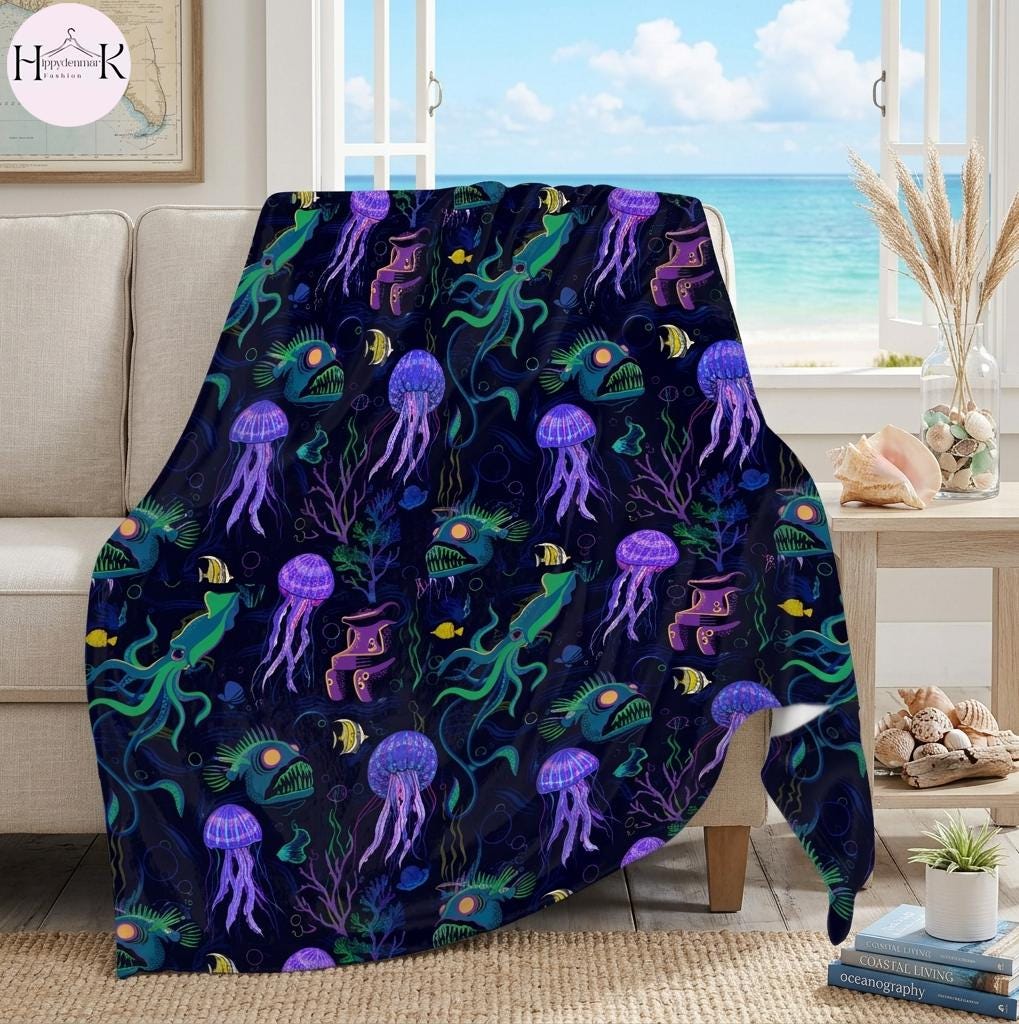 Glow in the Dark Ocean Blanket, Jellyfish Squid Anglerfish Throw, Colorful Marine Life Fleece Blanket