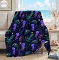 Glow in the Dark Ocean Blanket, Jellyfish Squid Anglerfish Throw, Colorful Marine Life Fleece Blanket