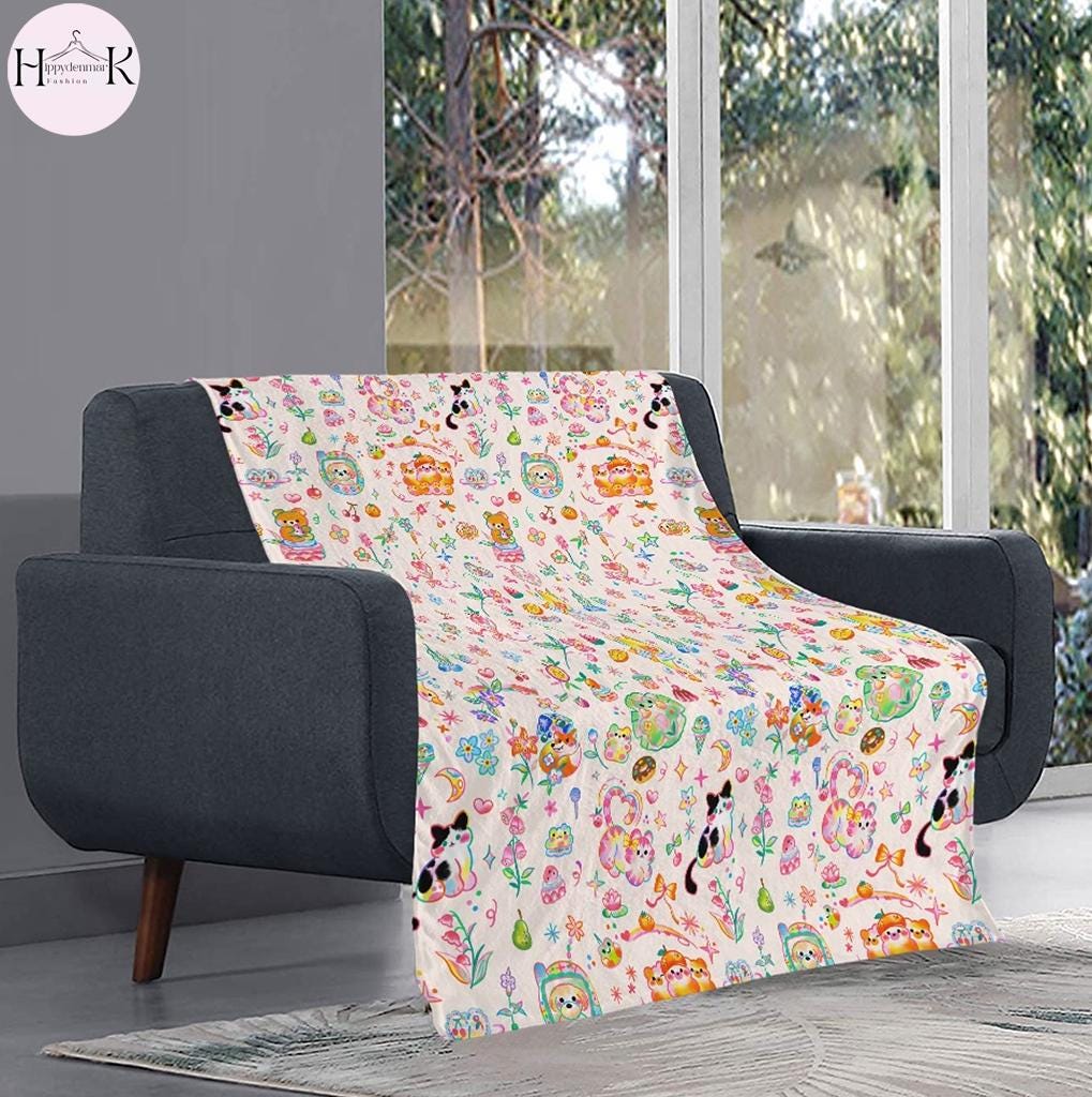 Cute Kawaii Blanket, Pastel Teddy Bear Cat Bunny Fleece Throw, Coquette Cottagecore Blanket, Cozy Gift for Girls