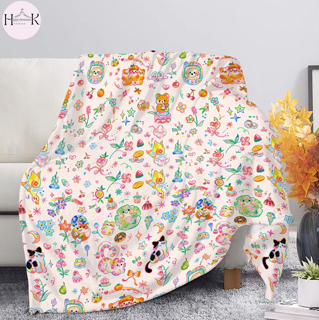 Cute Kawaii Blanket, Pastel Teddy Bear Cat Bunny Fleece Throw, Coquette Cottagecore Blanket, Cozy Gift for Girls