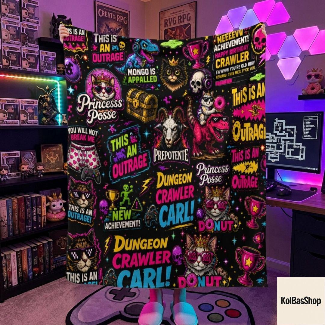 Dungeon Crawler Carl Inspired Blanket, Princess Donut Fantasy Throw, Cozy Book Lover Sherpa, LitRPG Fan Gift, Father's Day Gamer Gift