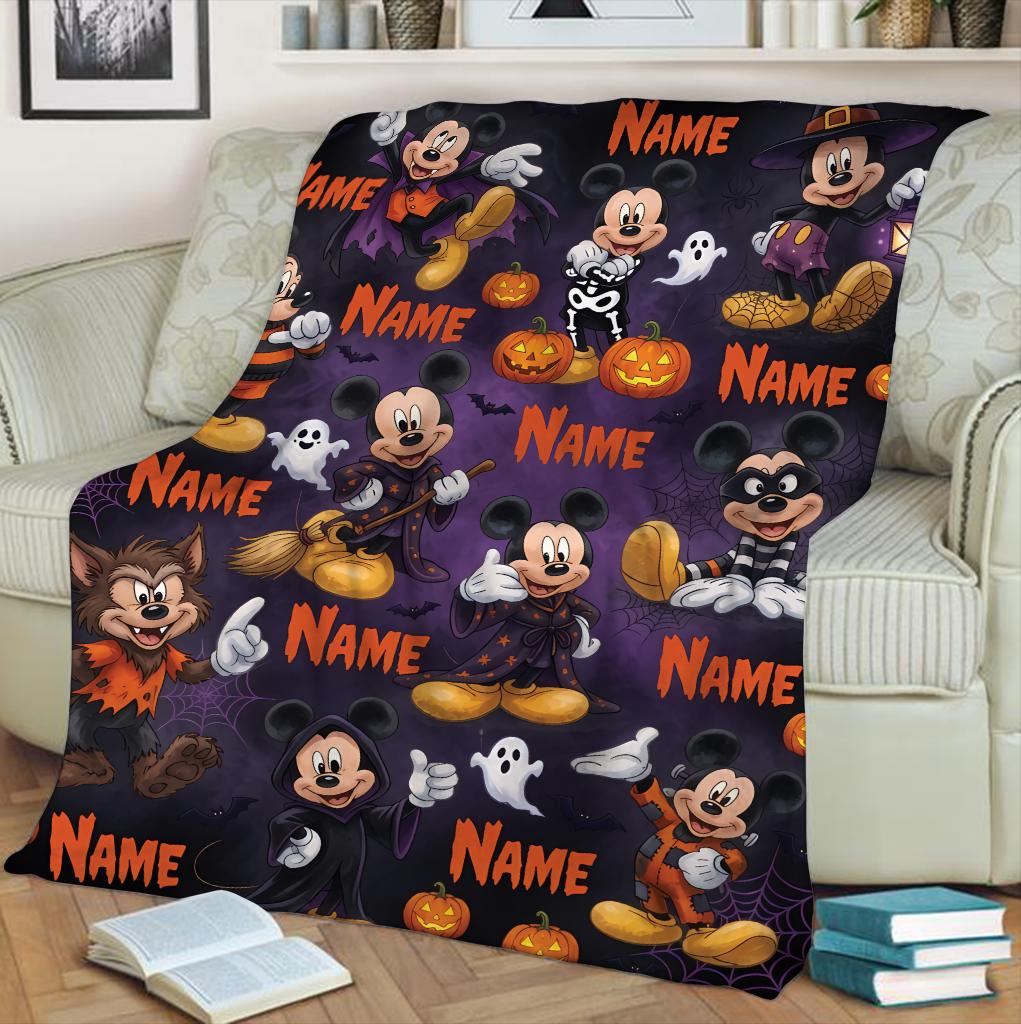 Custom Disney Mickey Halloween Blanket, Personalized Name Mickey Mouse Spooky Blanket, Fleece Ghost Pumpkins Gift for Boy Girl