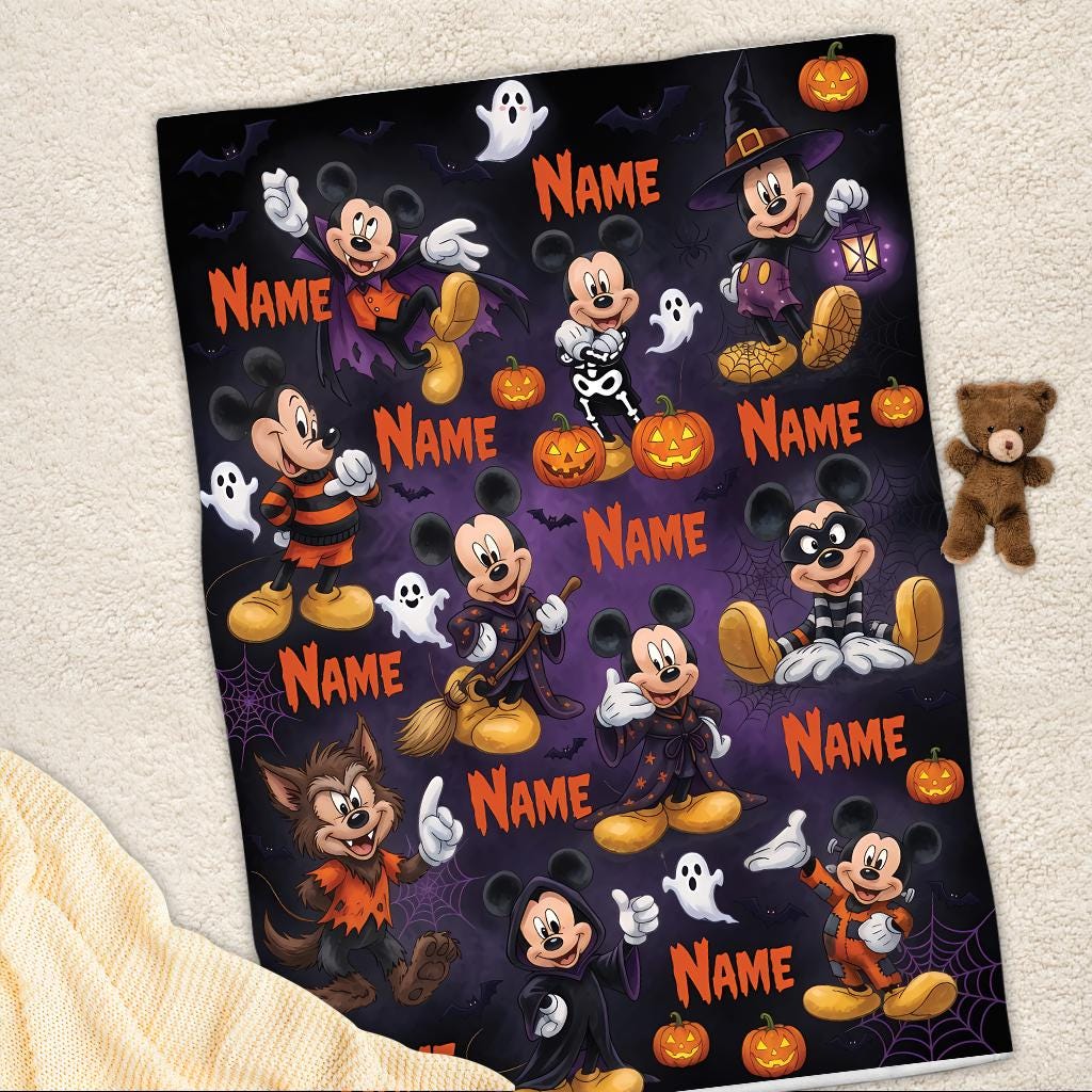 Custom Disney Mickey Halloween Blanket, Personalized Name Mickey Mouse Spooky Blanket, Fleece Ghost Pumpkins Gift for Boy Girl