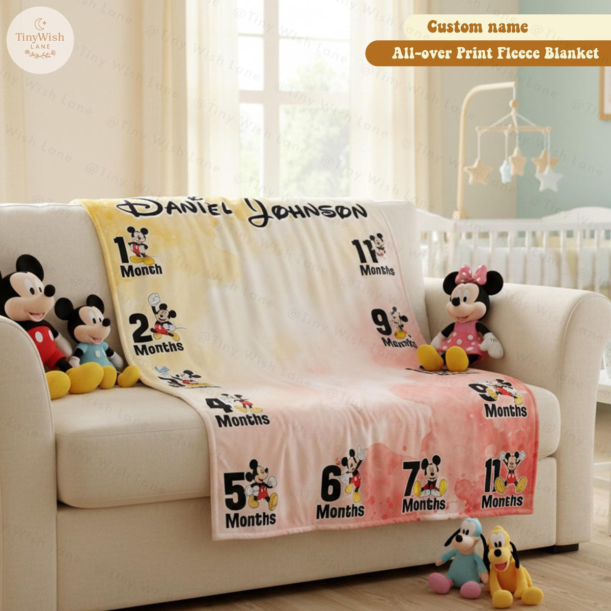 Personalized Disney Mickey Mouse Baby Milestone Blanket, Custom Name Monthly Fleece Blanket, First Year Blanket, Mickey Nursery Blanket Gift