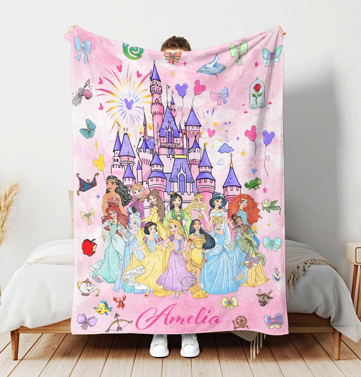 Personalized Watercolor Disney Princess Blanket, Custom Name Disney Princess Castle Blanket, Blanket for Kids, Disneyland Baby Girl Trip