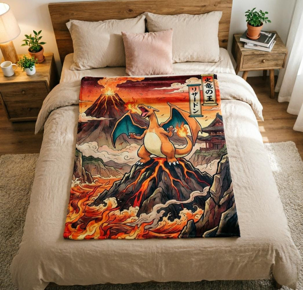 Japanese Style Charizard Blanket Soft Throw, Ukiyo-e Pokemon Art Throw, Otaku Housewarming Gift