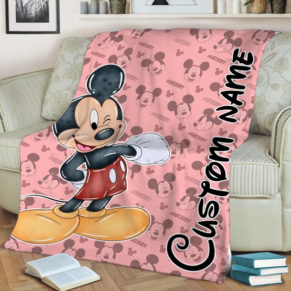 Personalized Mickey Mouse Blanket, Custom Name Pink Disney Blanket for Kids, Cute Cartoon Fleece Throw, Baby Shower Toddler Birthday Gift