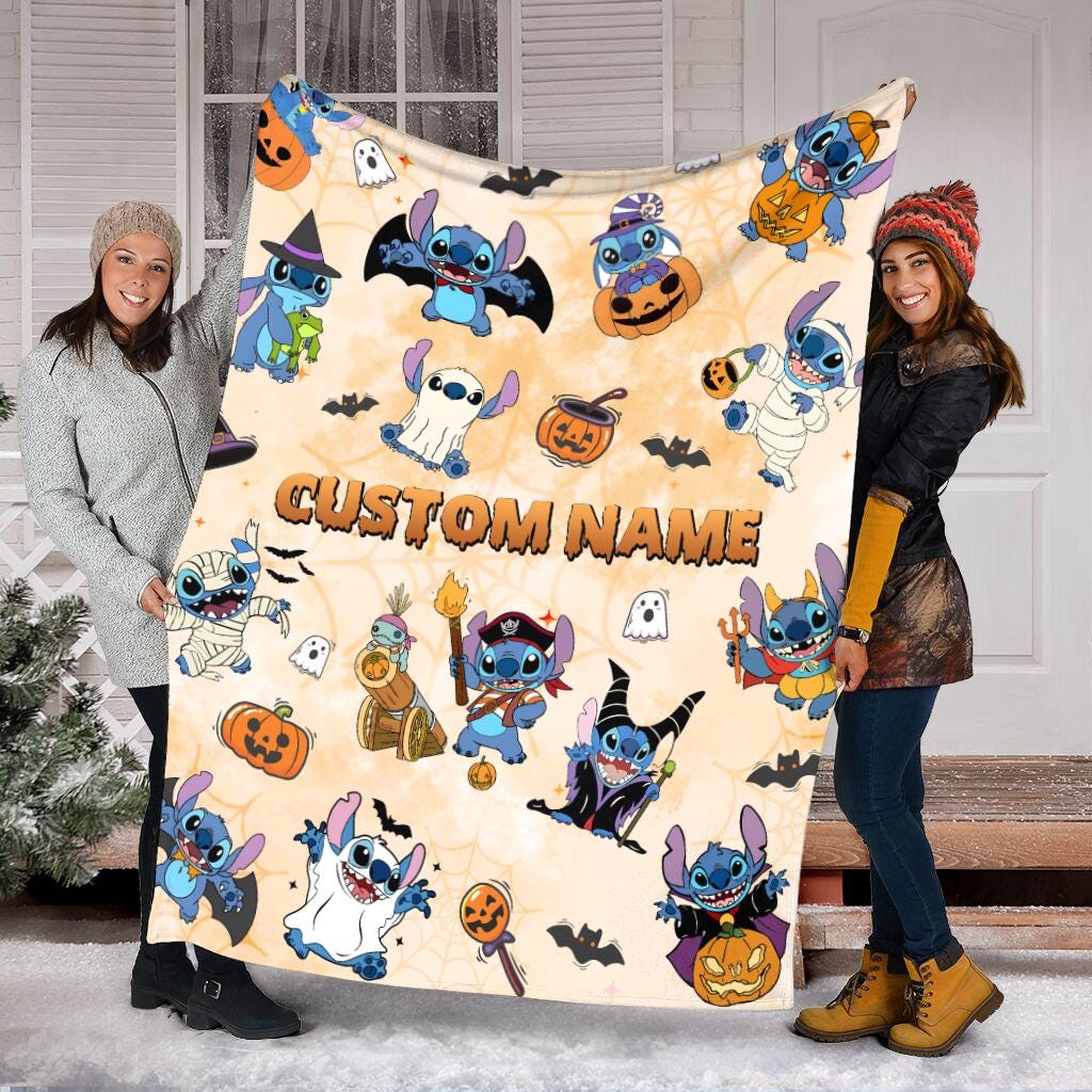 Personalized Name Lilo and Stitch Halloween Fleece Blanket, Disneyland Pumpkin Family Blanket, Birthday Gift Birthday Boy, Cozy Disney Decor