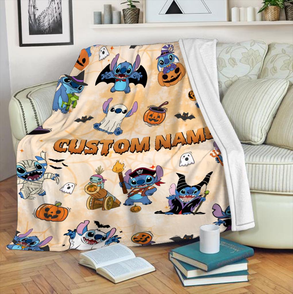 Personalized Name Lilo and Stitch Halloween Fleece Blanket, Disneyland Pumpkin Family Blanket, Birthday Gift Birthday Boy, Cozy Disney Decor