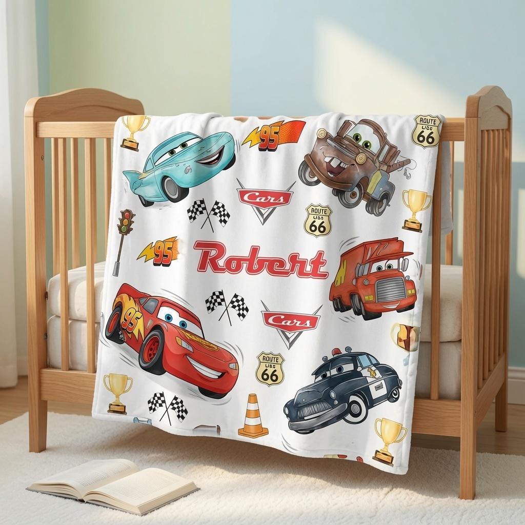 Custom Name Cars Baby Blanket, Personalized Disney Baby Shower Gift, Cars Nursery Baby Blanket, Race Car Bedding