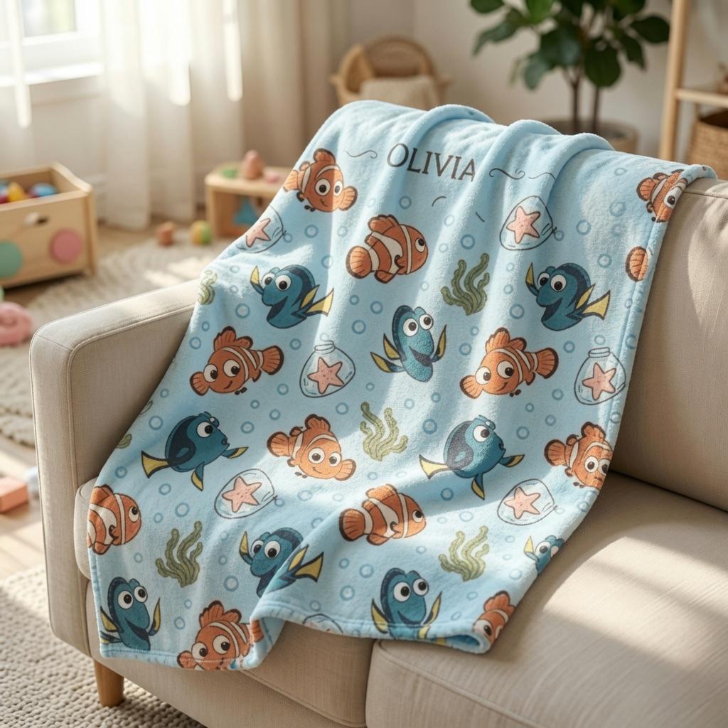 Personalized Finding Nemo Baby Blanket, Custom Disney Nemo And Dory Baby Shower Gift, Nemo Nursery Baby Blanket, Custom Name Blanket for Kid