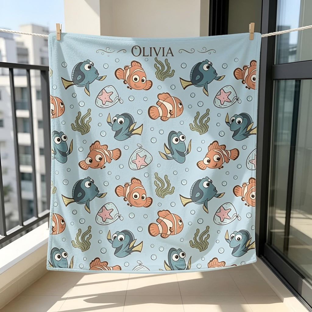 Personalized Finding Nemo Baby Blanket, Custom Disney Nemo And Dory Baby Shower Gift, Nemo Nursery Baby Blanket, Custom Name Blanket for Kid