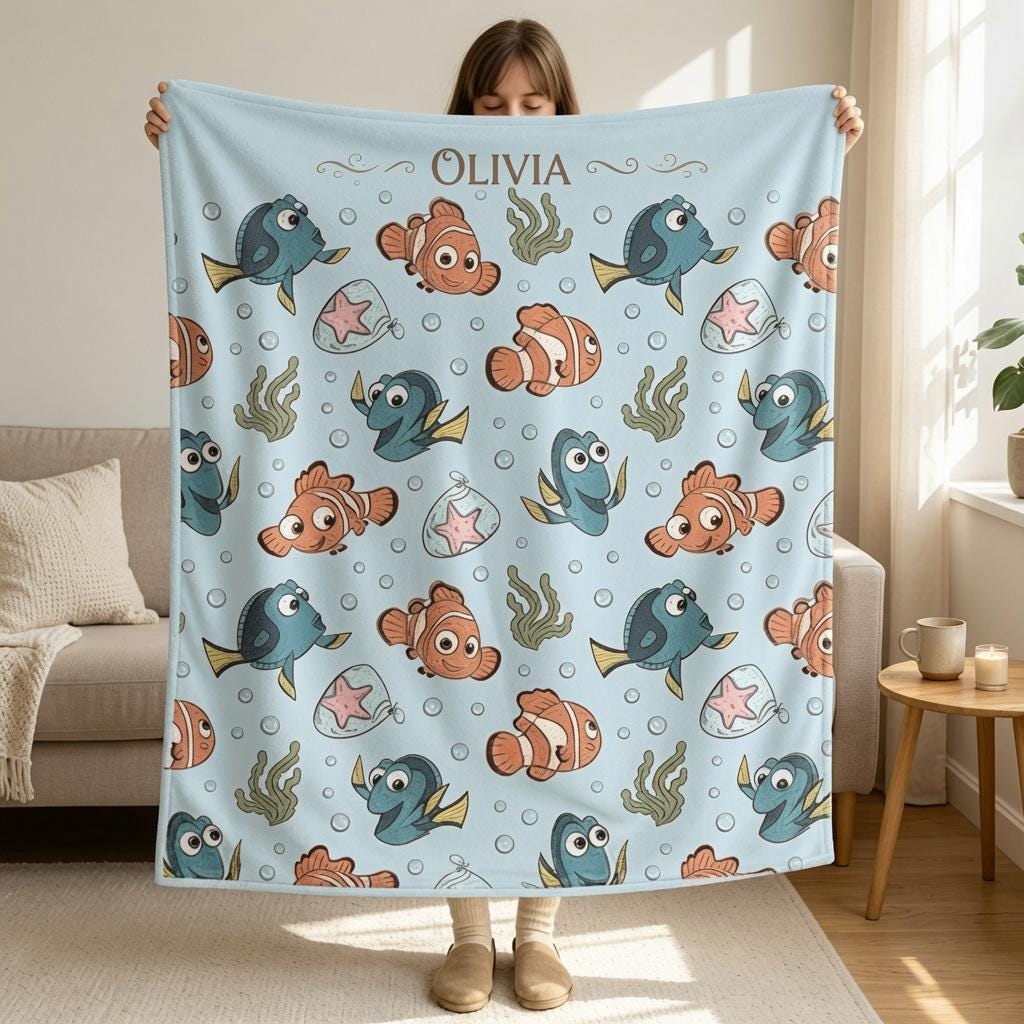 Personalized Finding Nemo Baby Blanket, Custom Disney Nemo And Dory Baby Shower Gift, Nemo Nursery Baby Blanket, Custom Name Blanket for Kid
