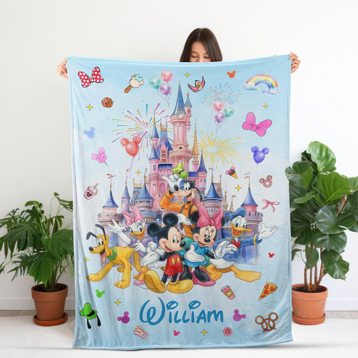 Custom Mickey And Friends Blanket, Personalized Disney Castle Blanket, Watercolor Disney Characters Toddler Blanket, Birthday Gift For Kids