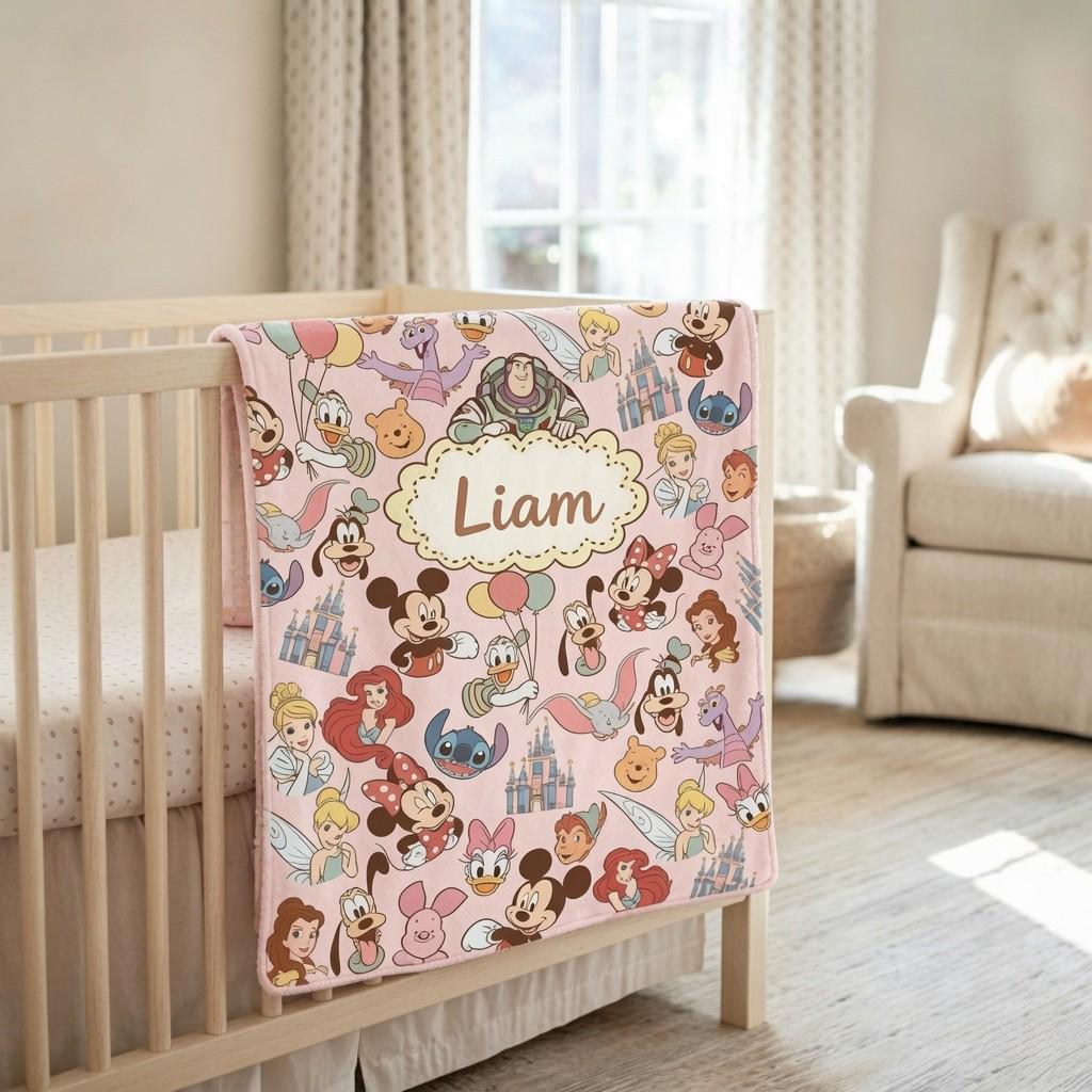 Personalized Name Disneyland Blanket for Baby, Custom Disney World Gift, Disney Baby Shower Blanket, Custom Name Disney Character Blanket