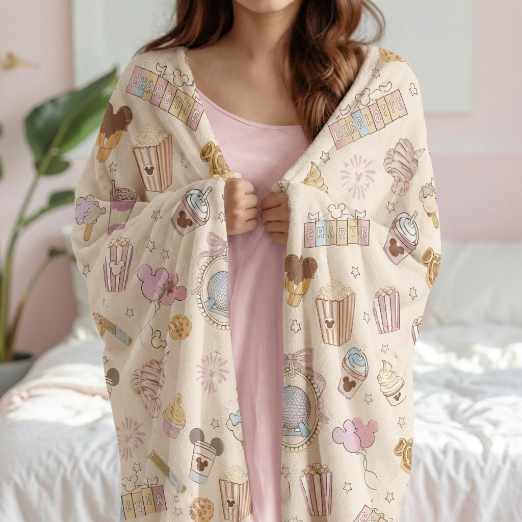 Custom Name Disney World Blanket, Mickey Snacks Cozy Throw For Disney, Disney Epcot Snacking Around the World Blanket