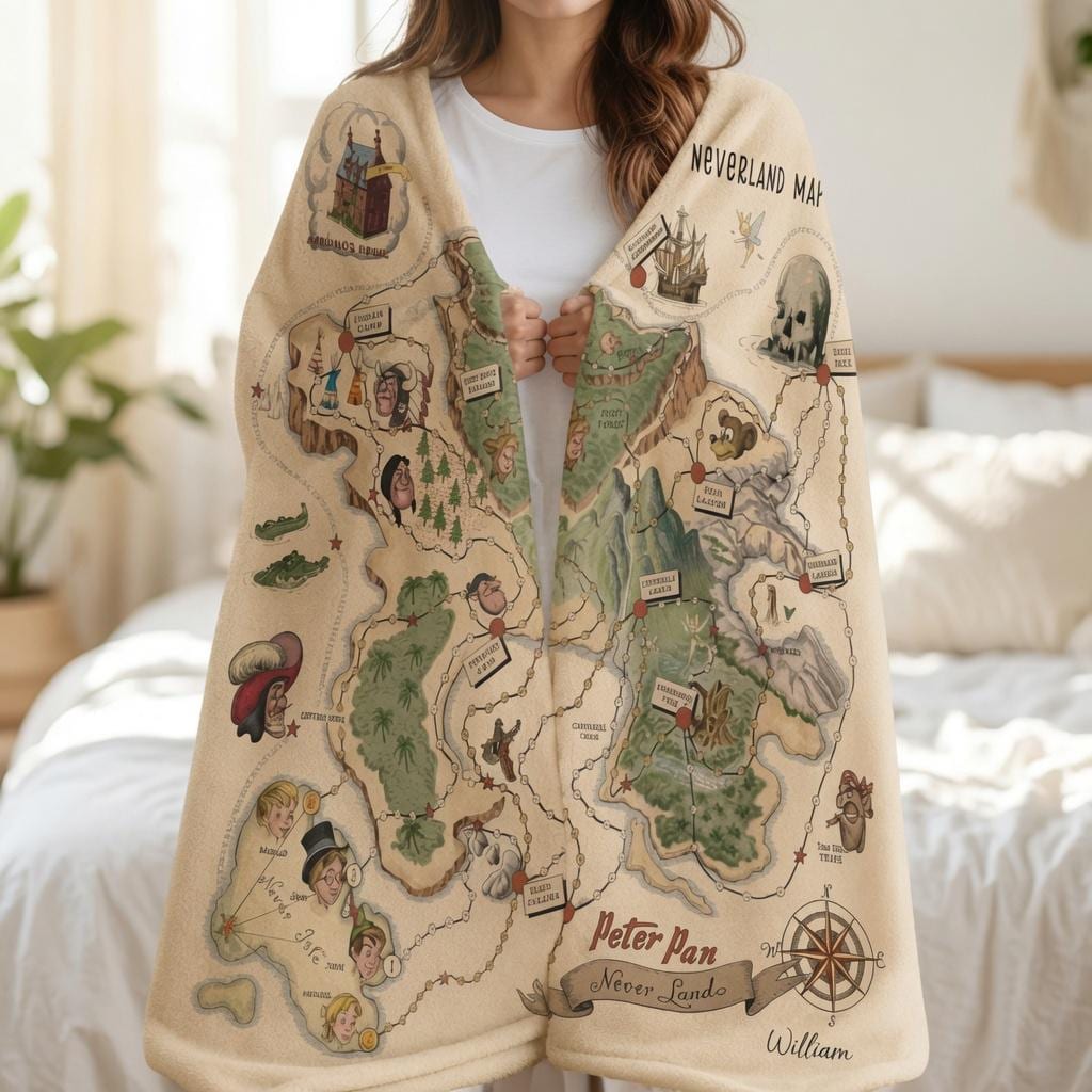 Neverland Map Fleece Blanket, Soft Cozy Peter Pan Inspired Blanket, Custom Name Peter Pan Blanket, Peter Pan Nursery Decor