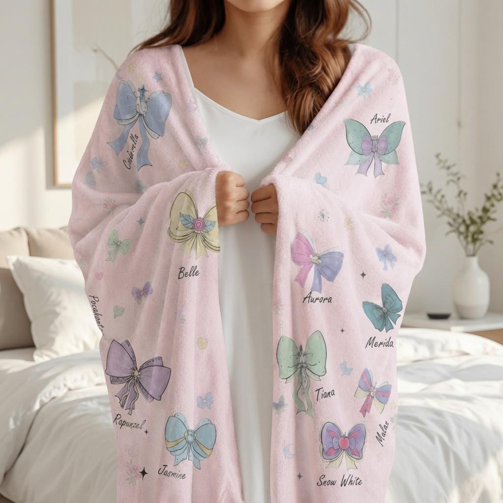 Personalized Name Princess Bow Blanket, Fairy Tale Ribbon Throw Blanket, Disney Princess Themed Bedding, Princess Inspired Bow Blanket