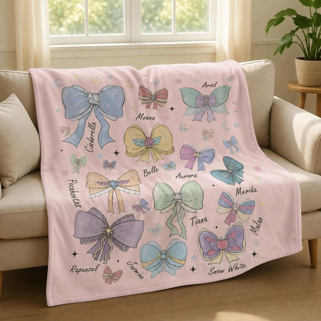 Personalized Name Princess Bow Blanket, Fairy Tale Ribbon Throw Blanket, Disney Princess Themed Bedding, Princess Inspired Bow Blanket
