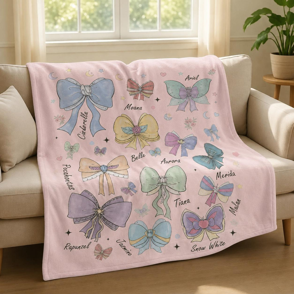 Personalized Name Princess Bow Blanket, Fairy Tale Ribbon Throw Blanket, Disney Princess Themed Bedding, Princess Inspired Bow Blanket