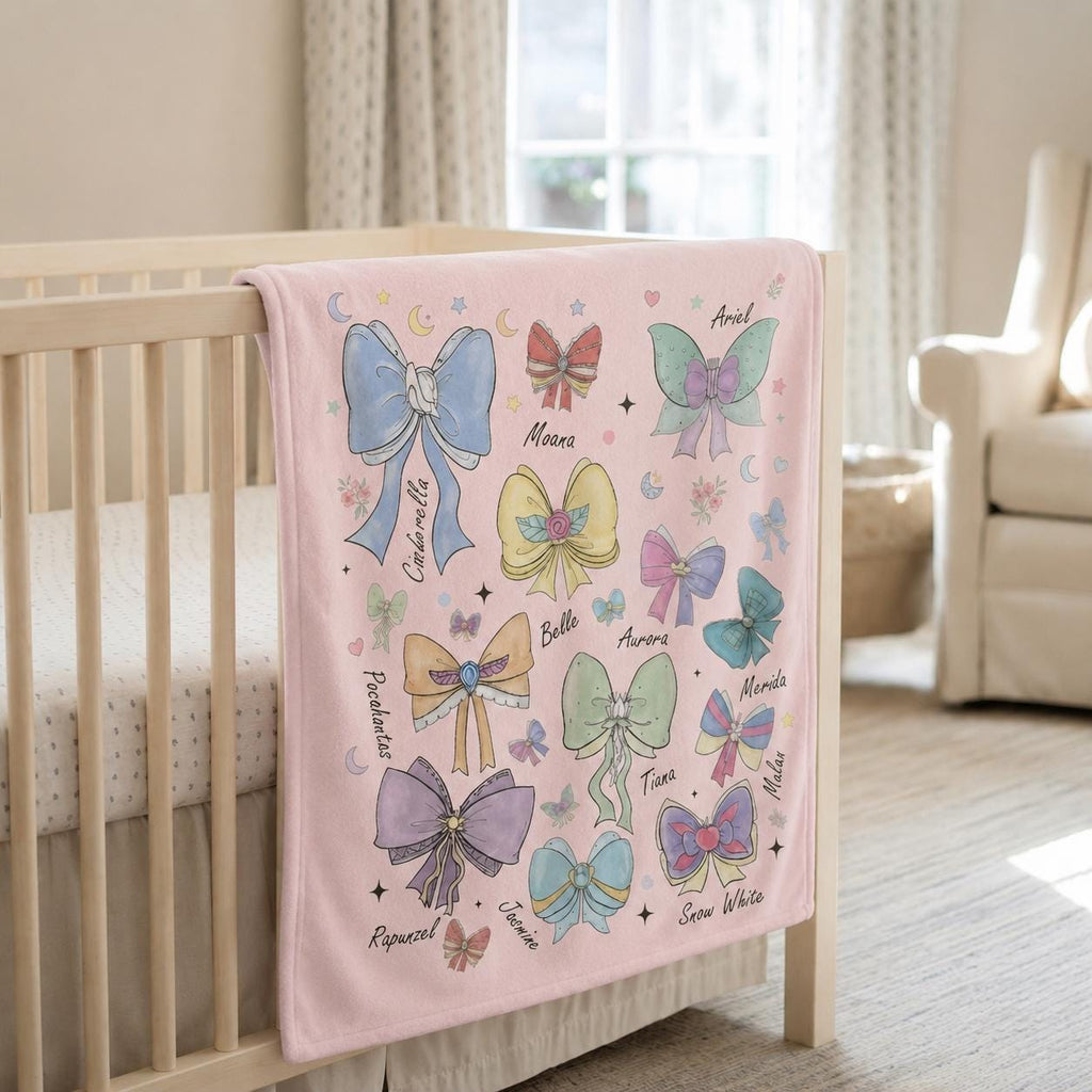 Personalized Name Princess Bow Blanket, Fairy Tale Ribbon Throw Blanket, Disney Princess Themed Bedding, Princess Inspired Bow Blanket