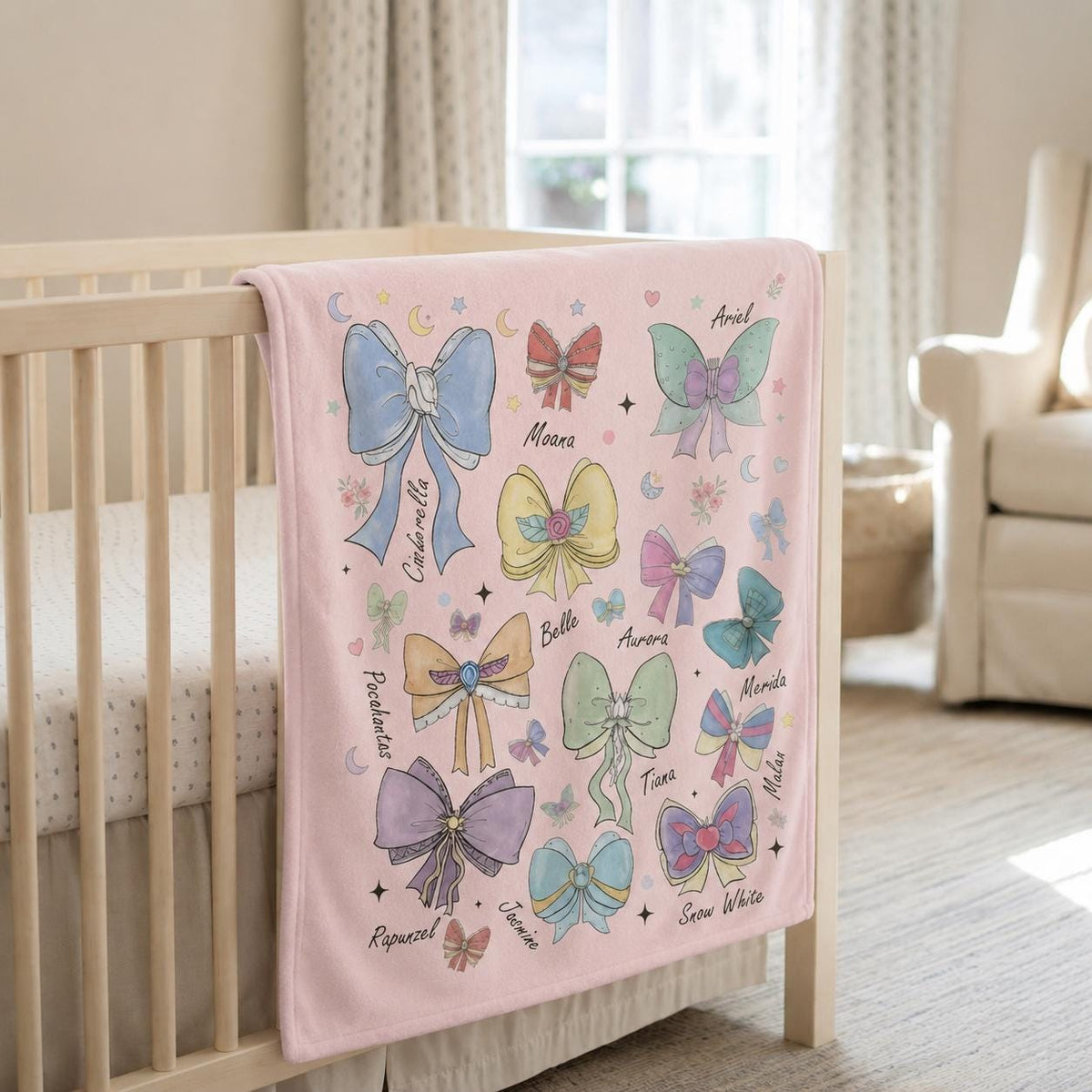 Personalized Name Princess Bow Blanket, Fairy Tale Ribbon Throw Blanket, Disney Princess Themed Bedding, Princess Inspired Bow Blanket