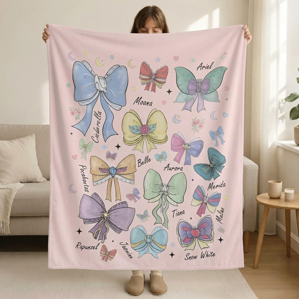 Personalized Name Princess Bow Blanket, Fairy Tale Ribbon Throw Blanket, Disney Princess Themed Bedding, Princess Inspired Bow Blanket
