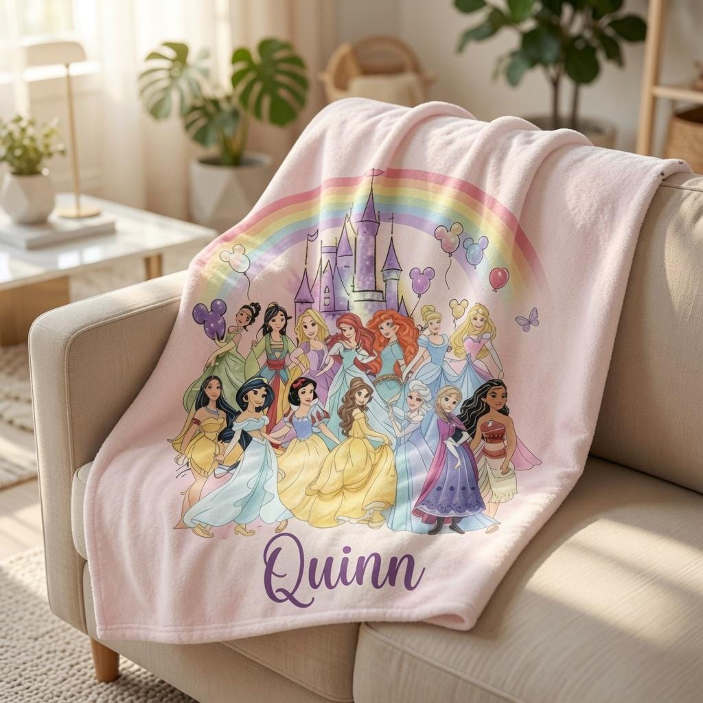 Personalized Disney Coquette Watercolor Blanket, Custom Name Disney Princess Blanket, Magic Kingdom Blanket, Disneyland Blanket