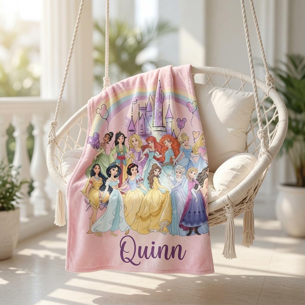 Personalized Disney Coquette Watercolor Blanket, Custom Name Disney Princess Blanket, Magic Kingdom Blanket, Disneyland Blanket